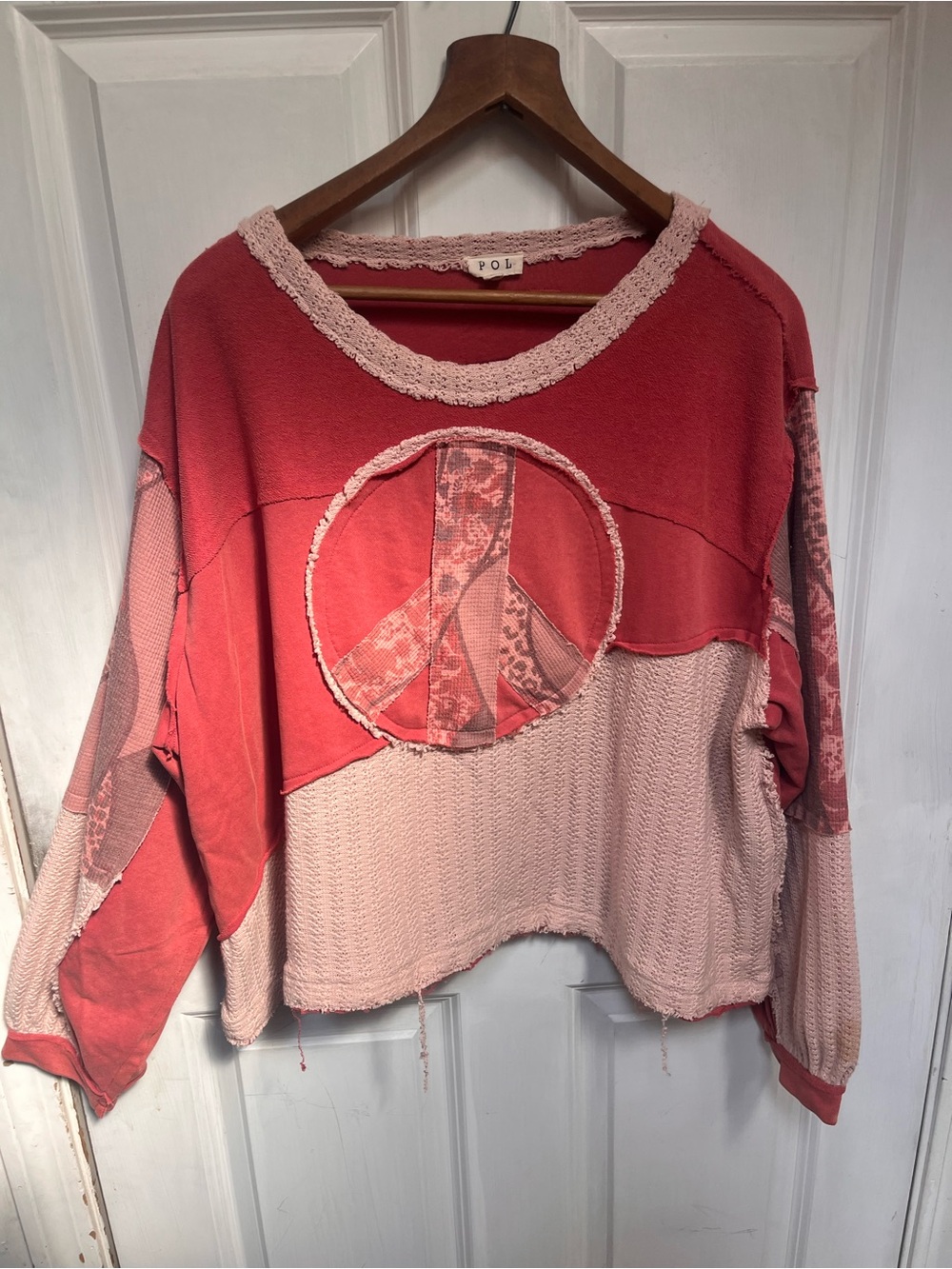 POL Pink Two-Tone Peace Sign Pullover Sweatshirt